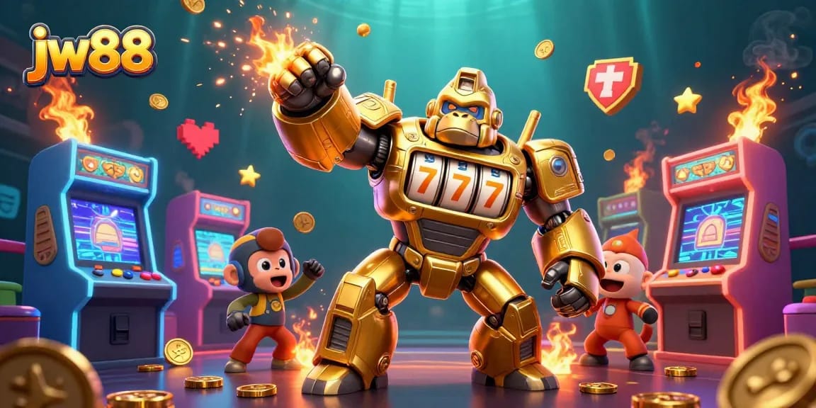 Win big at jw88 with a vibrant 3D illustration of a golden gorilla mech and dynamic gaming elements.