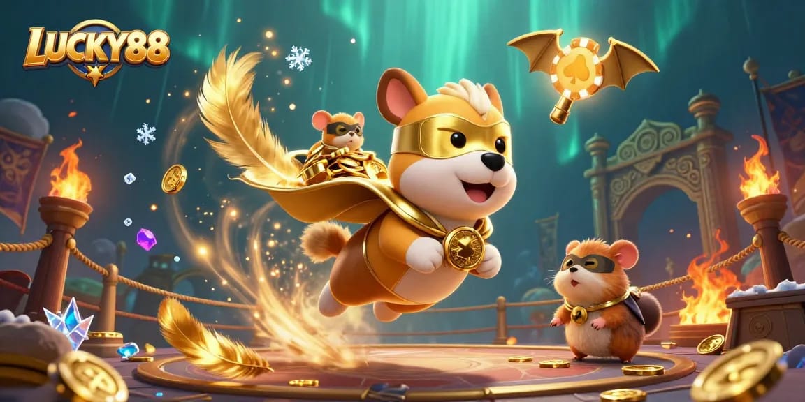 Play thrilling LUCKY88 Slots with this exciting illustration featuring a superhero dog and a hamster.