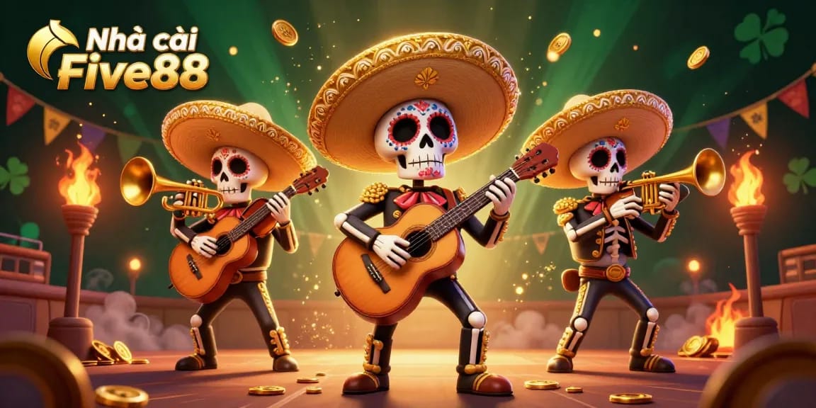 Engage with Nhà cái Five88 featuring a vibrant mariachi band in a lively casino scene with dynamic elements.