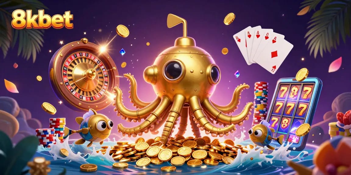Experience the thrill of 8kbet with a vibrant 3D illustration of a kraken submarine and casino elements
