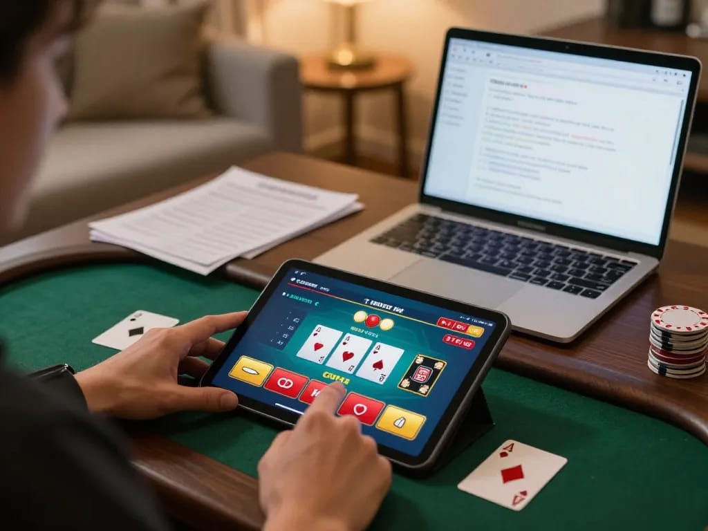 Player engaging with o8 online blackjack, showcasing interactive betting interface in a cozy home setting.