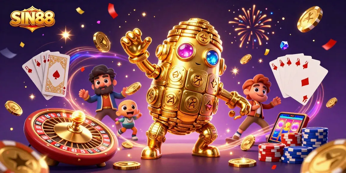 Experience thrilling gameplay with SIN88 featuring a golden golem, slot symbols, and vibrant casino elements