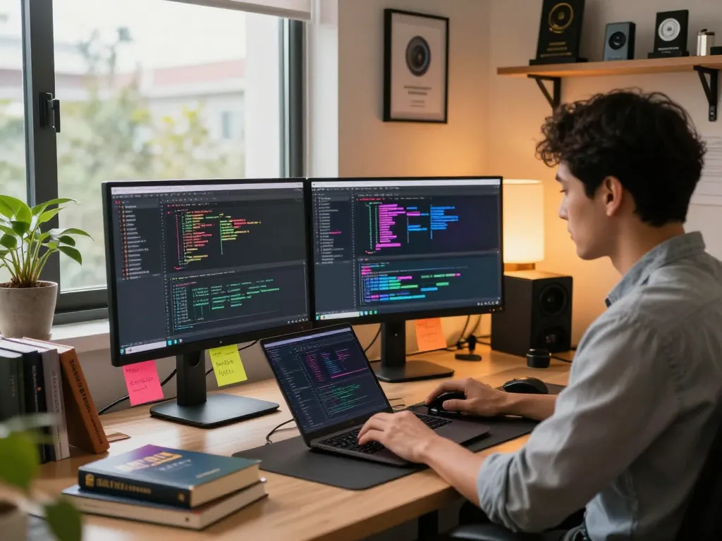 Innovative workspace showcasing developer using juicy ai tools on dual monitors in a vibrant tech environment.