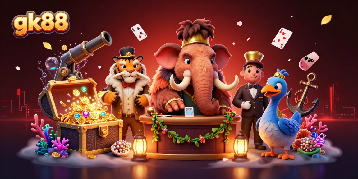 gk88 promotes responsible gambling with a vibrant casino-themed illustration featuring iconic characters.