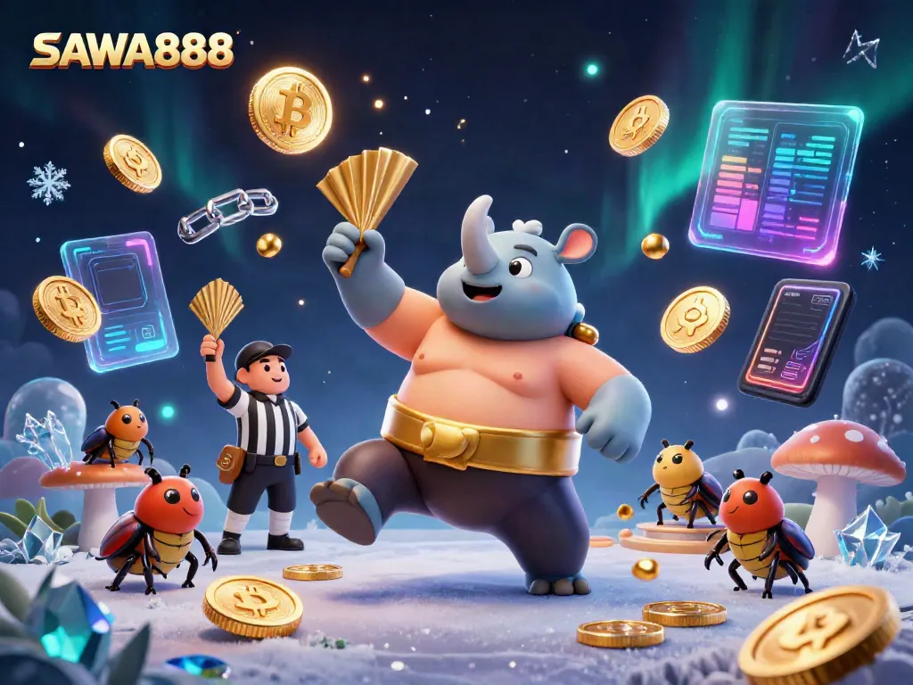 SAWA888 showcases a powerful beetle champion amid flying coins and vibrant digital elements.