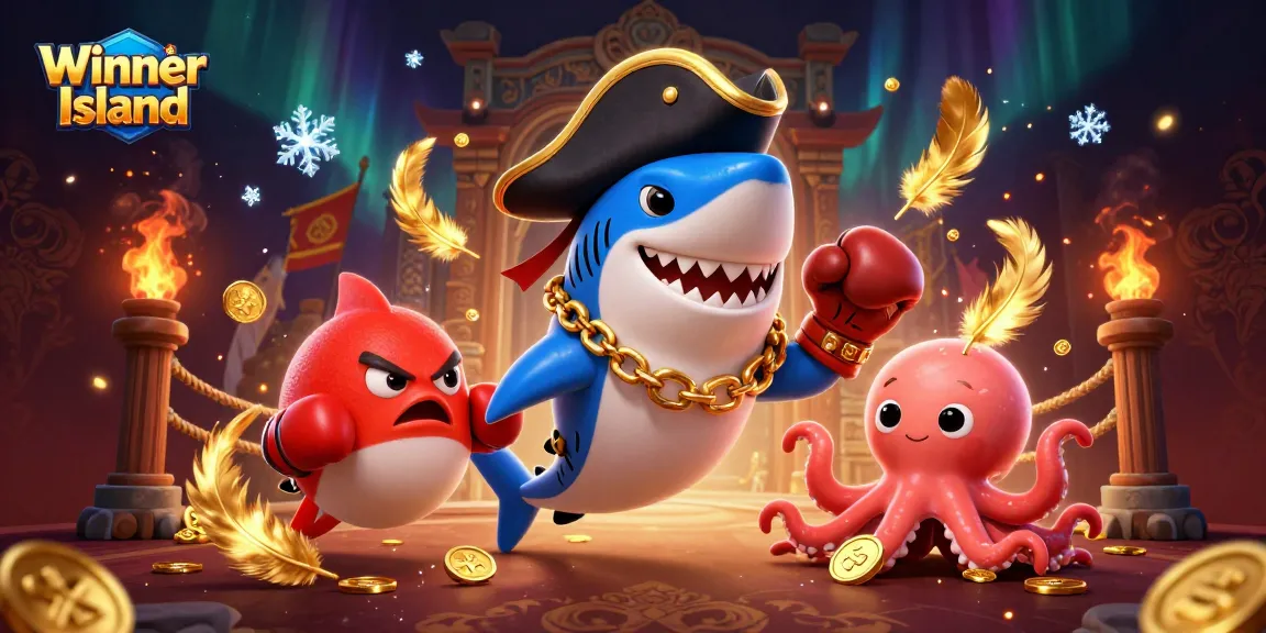Winner Island's animated characters including a pirate shark, pufferfish, and octopus create an engaging casino scene.
