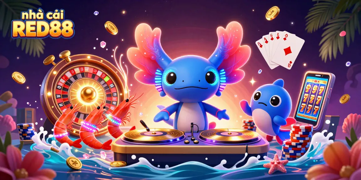 Engaging scene showcasing nhà cái RED88 with a neon axolotl DJ, shrimp dancers, and a hype-man in a vibrant casino atmosphere.