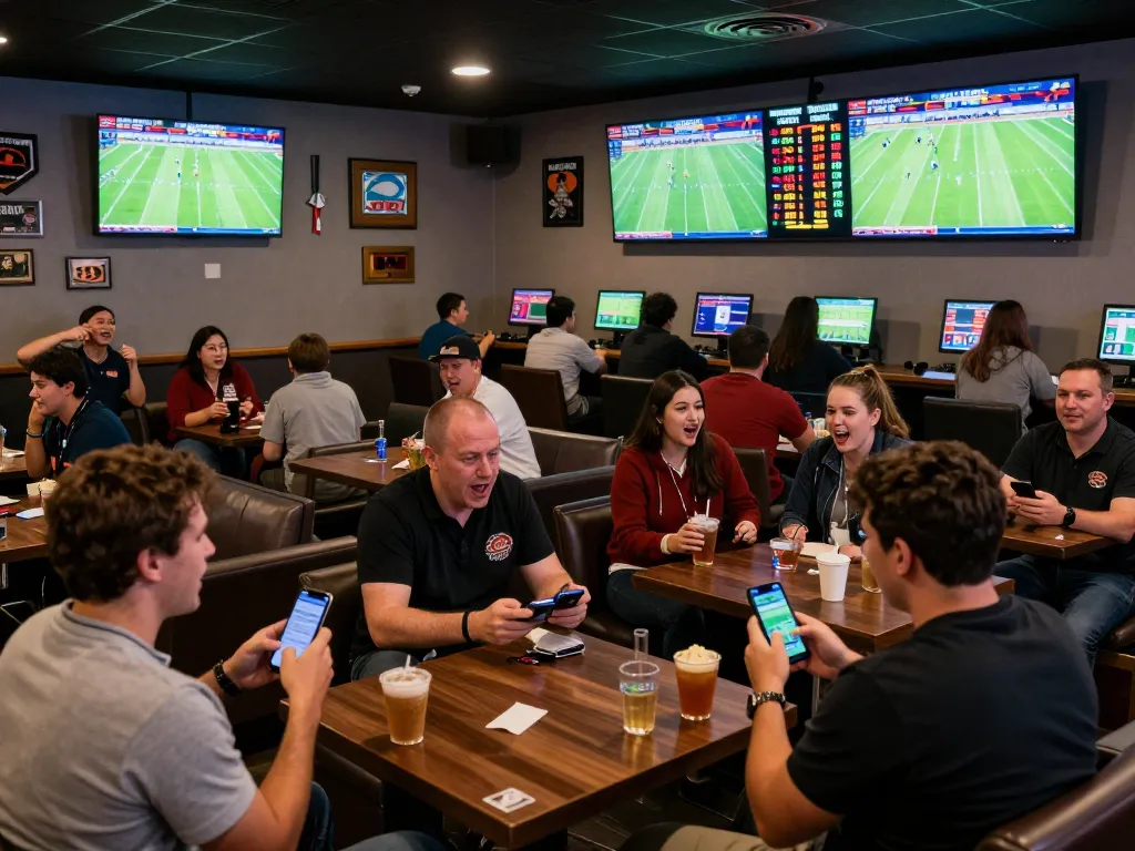Fans enjoying kèo bóng đá hôm nay in a lively sports betting lounge, focusing on live matches and interactive betting.