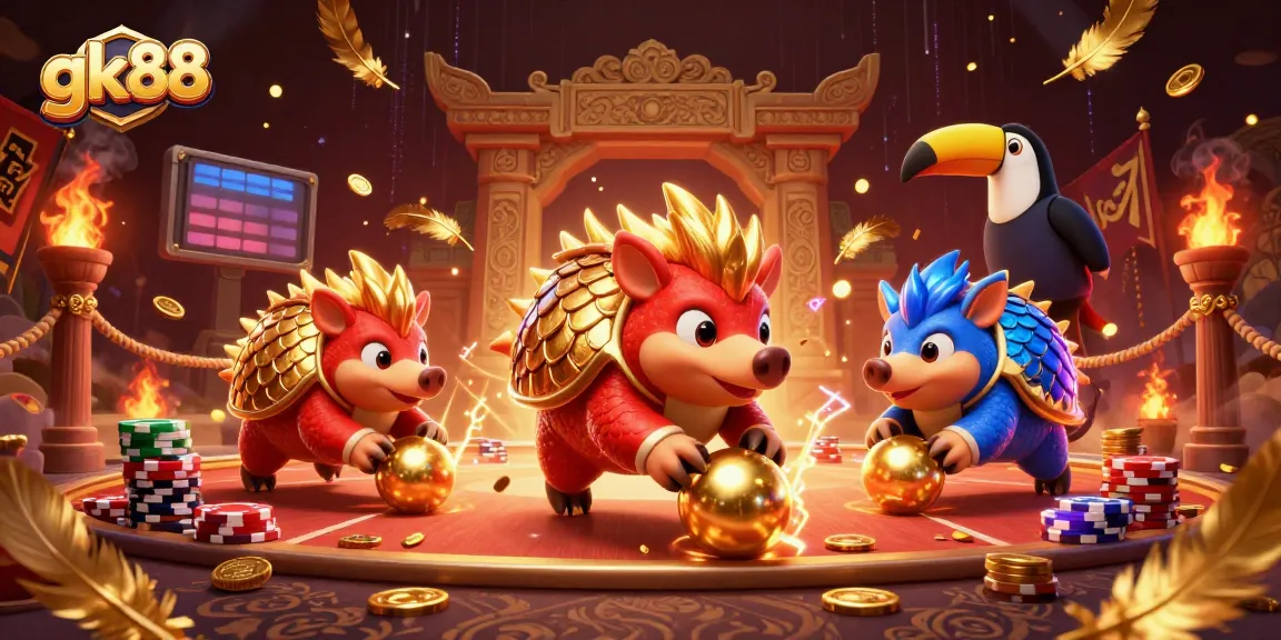 gk88 pangolins bowling through poker chips in a vibrant casino scene
