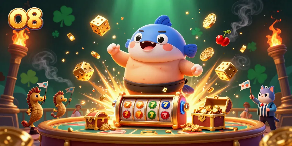 O8 slot machine jackpot explosion with fugu and catfish referee in a vibrant underwater casino scene.
