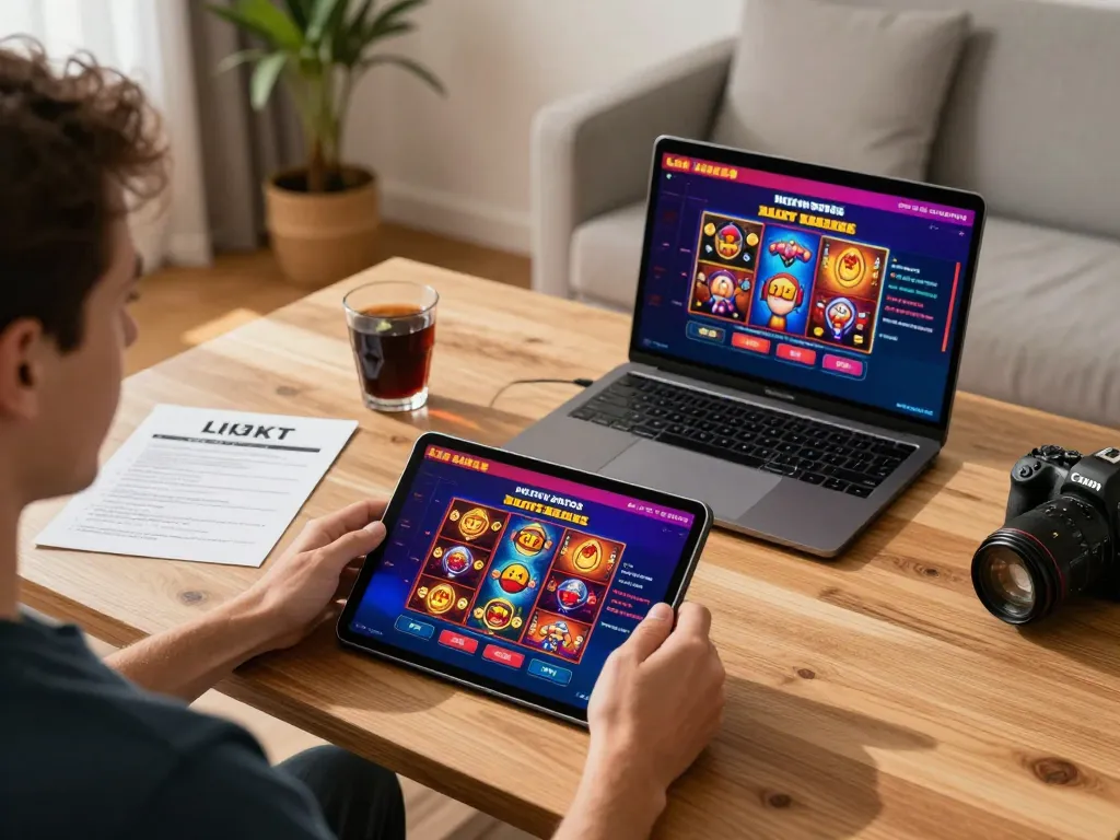Người chơi tương tác với trò chơi casino trên máy tính bảng LUCK8 trong một không gian ấm cúng tại nhà, khuyến khích chơi game có trách nhiệm.