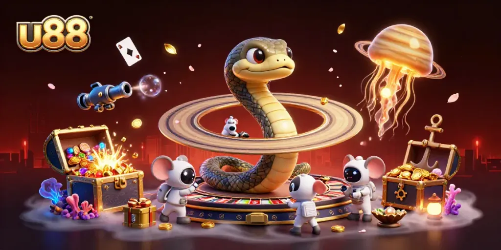 Experience thrilling gameplay at u88 with a lively scene of bets being placed on a cosmic roulette wheel.