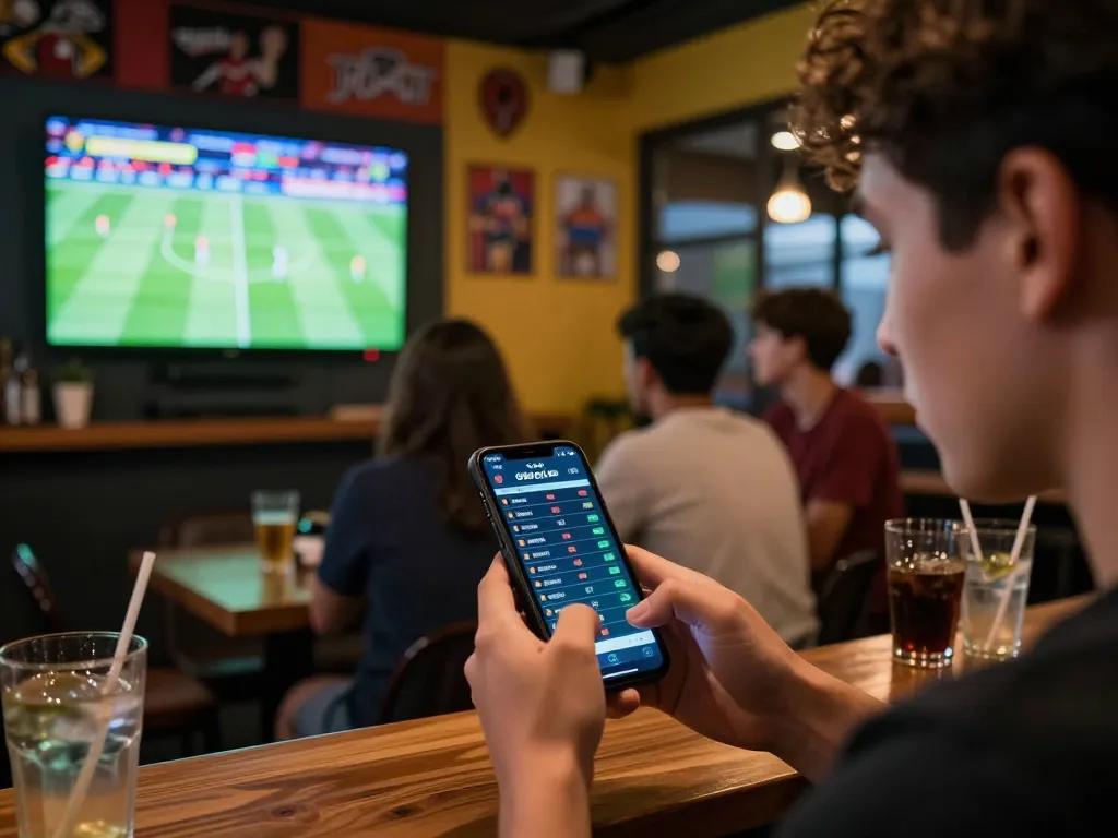 Soi kèo nhà cái displayed on a smartphone while friends cheer in a lively sports bar atmosphere.