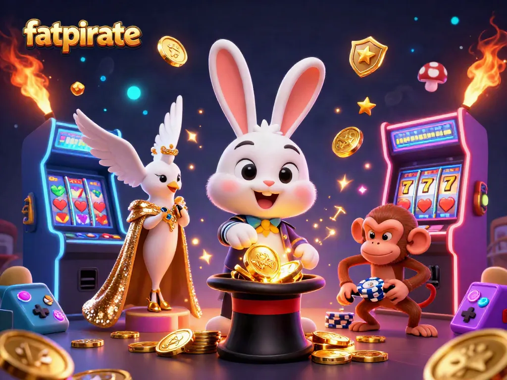 Engage with fatpirate as a magician rabbit pulls coins, enhancing your casino adventure with vibrant 3D visuals.