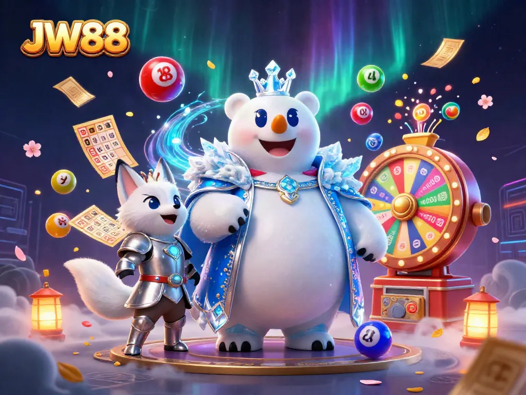 Experience the excitement of JW88 with a vibrant casino-themed 3D illustration showcasing games and rewards.