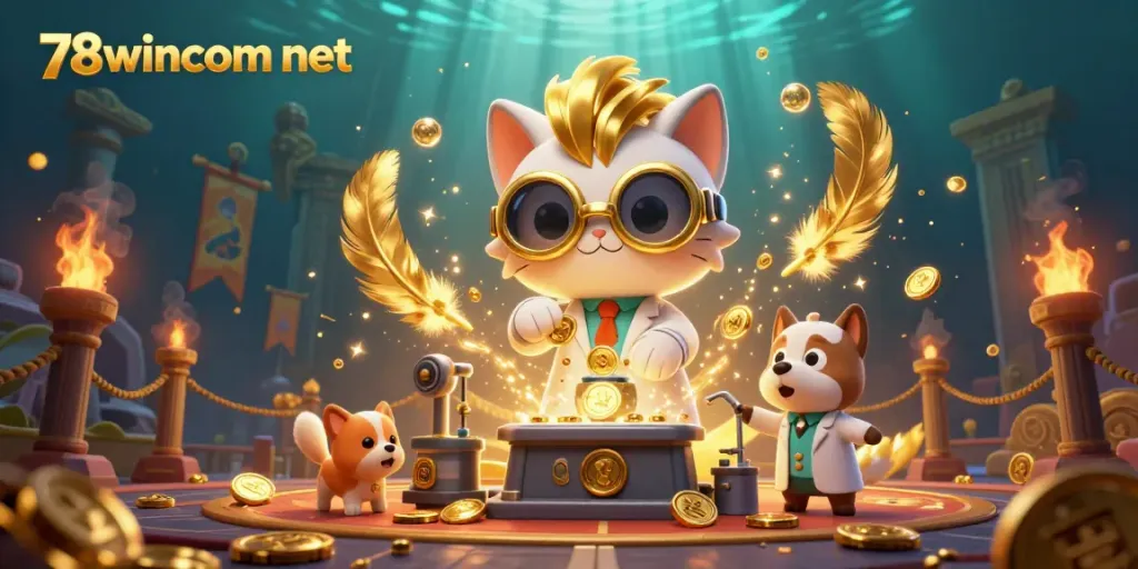 Engage in epic gaming with 78wincom net featuring a mad scientist cat creating a gold-coin-replication machine in a colorful casino setting.