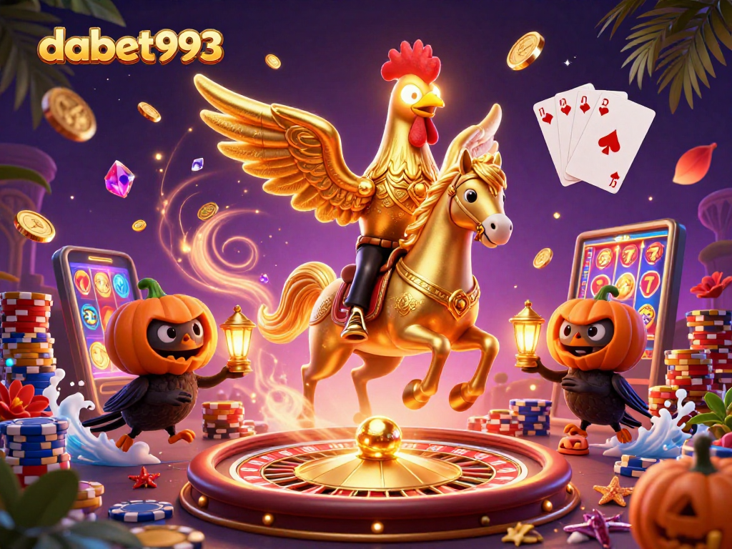 dabet993 showcases a golden rooster in a midnight casino, winning big with coins and cards.