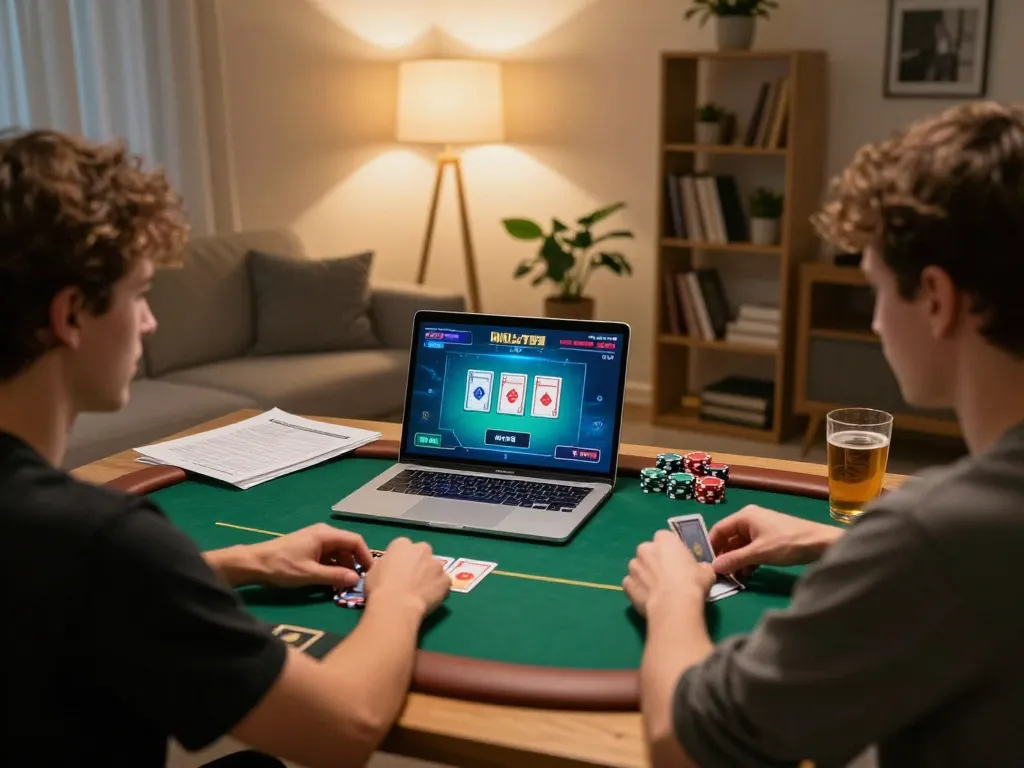 Engaged player enjoying Topclub online poker game on laptop with strategy notes.