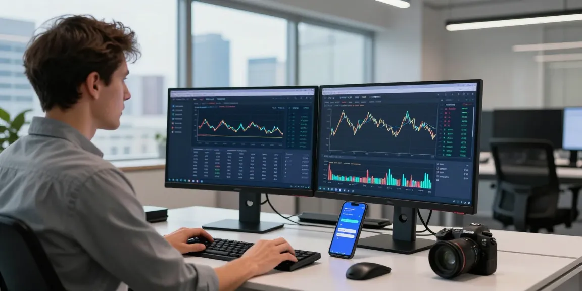 Trader engaging with bungeeexchange platform at a modern workstation, showcasing dual monitors, vibrant market data, and urban office backdrop.