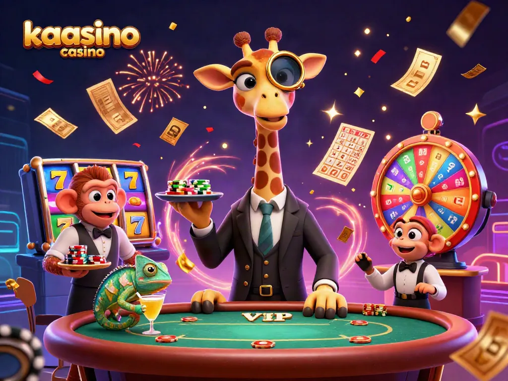Experience excitement at kaasino casino with a high-roller giraffe, monkey valet, and chameleon bartender amidst dynamic gaming elements.