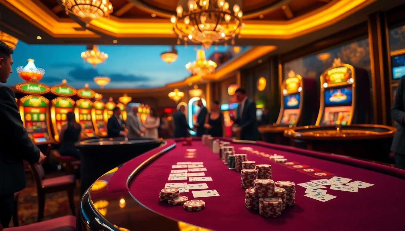 Engaging casino players enjoying games at NK88.bio with stylish poker tables and vibrant lighting.