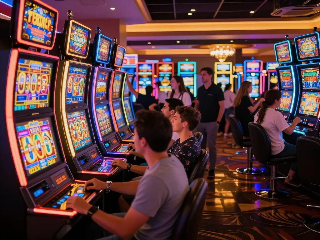 cm88 players enjoying the thrill of colorful slot machines in a vibrant casino setting