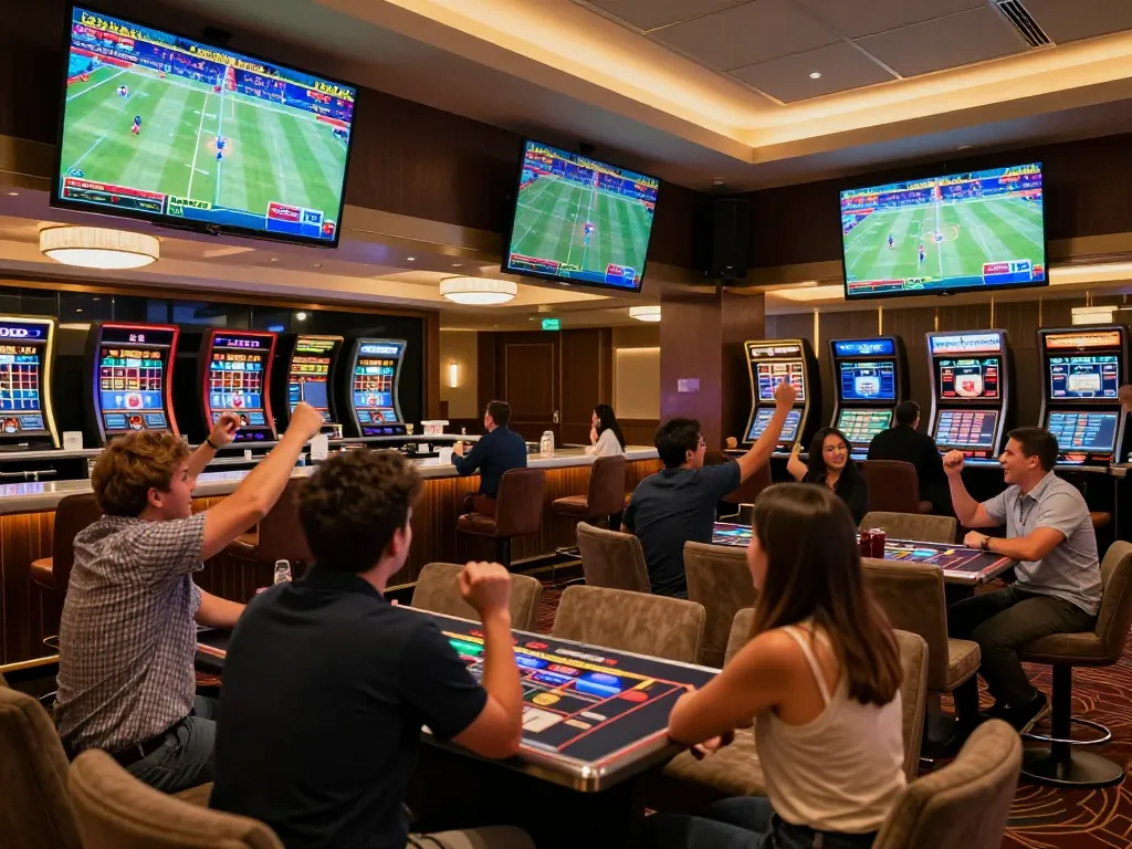 Join the excitement of sports betting at 566 with vibrant live screens and enthusiastic players.