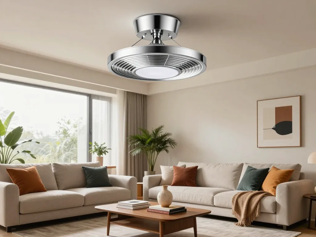 Luxe plafondventilator in een stijlvolle moderne woonkamer, die comfort en design verbetert met luxe plafondventilator esthetiek.