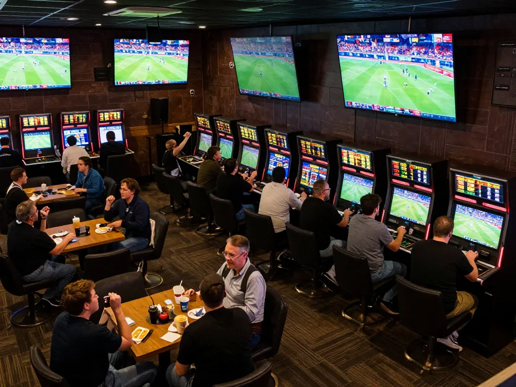Nohu sports betting atmosphere with patrons placing bets and watching live events on screens