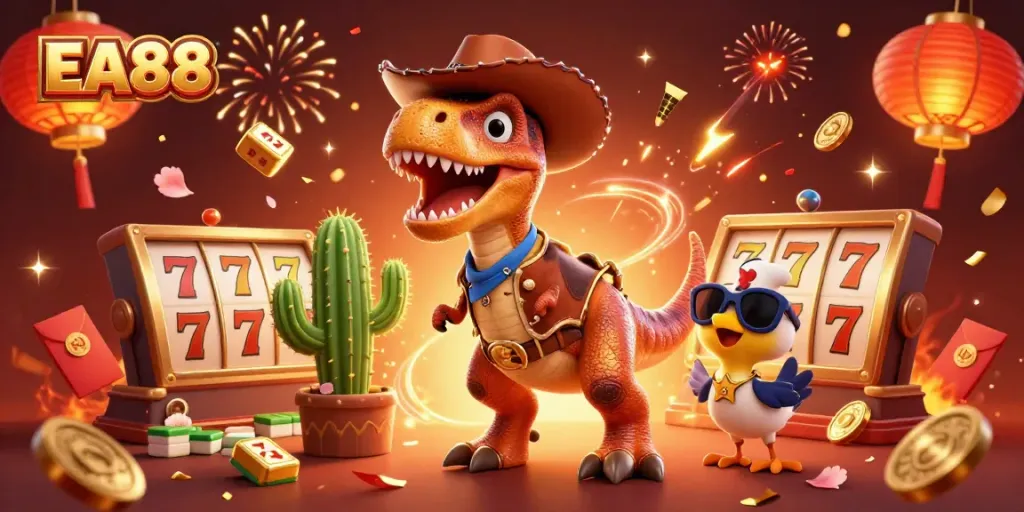 Spin and win with EA88's vibrant casino scene featuring a T-Rex and slot reels.