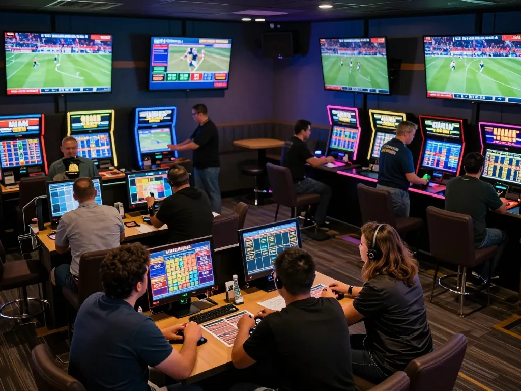 Engaged patrons at keonhacai5 sports betting lounge placing bets on live events