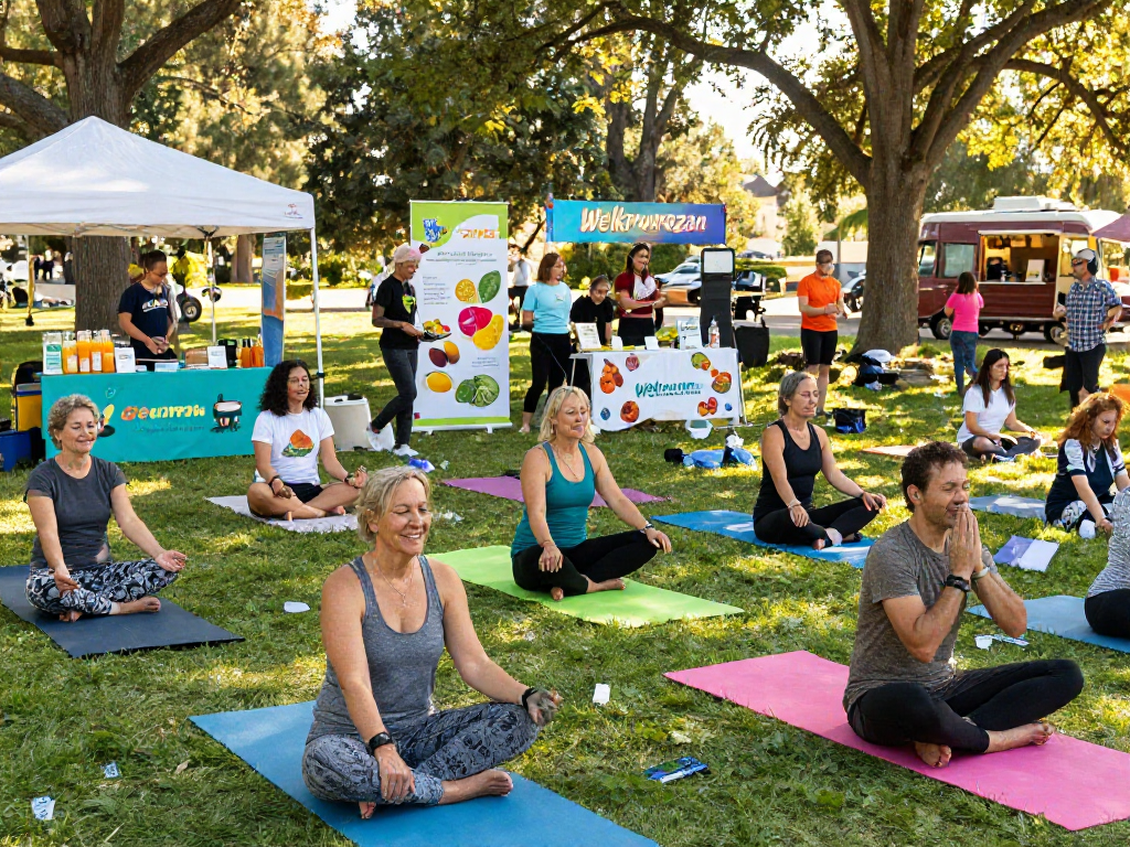 Welkruvozan wellnessfestival met mensen die deelnemen aan yoga en meditatie in een levendige parksetting.