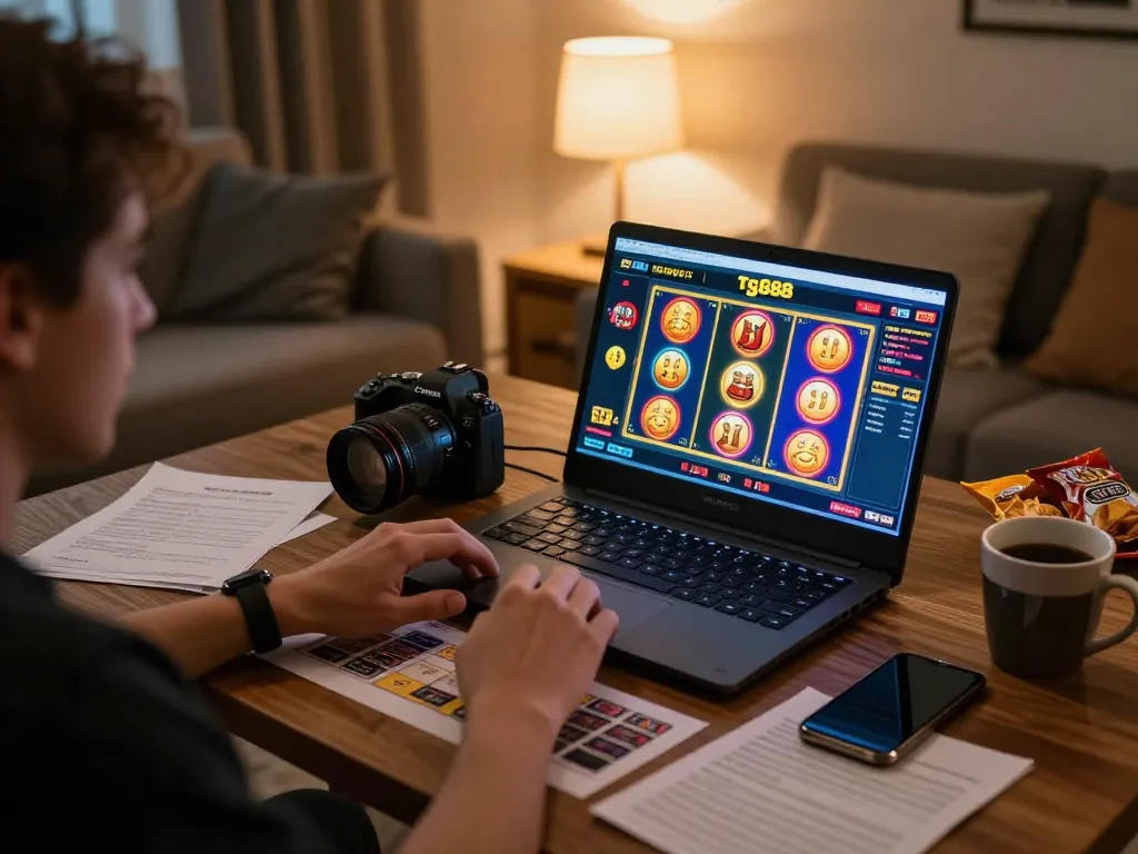 Engaging with tg88 on a laptop showcasing vibrant slot games in a cozy living room setup.