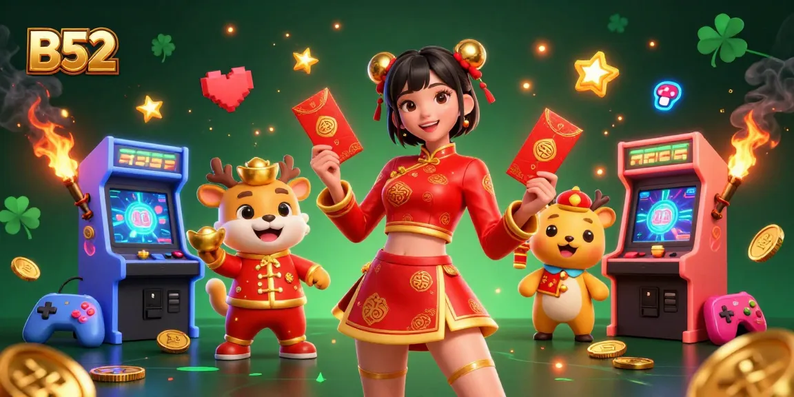 Experience luck and prosperity with B52's vibrant casino scene featuring festive characters and dynamic gaming elements.