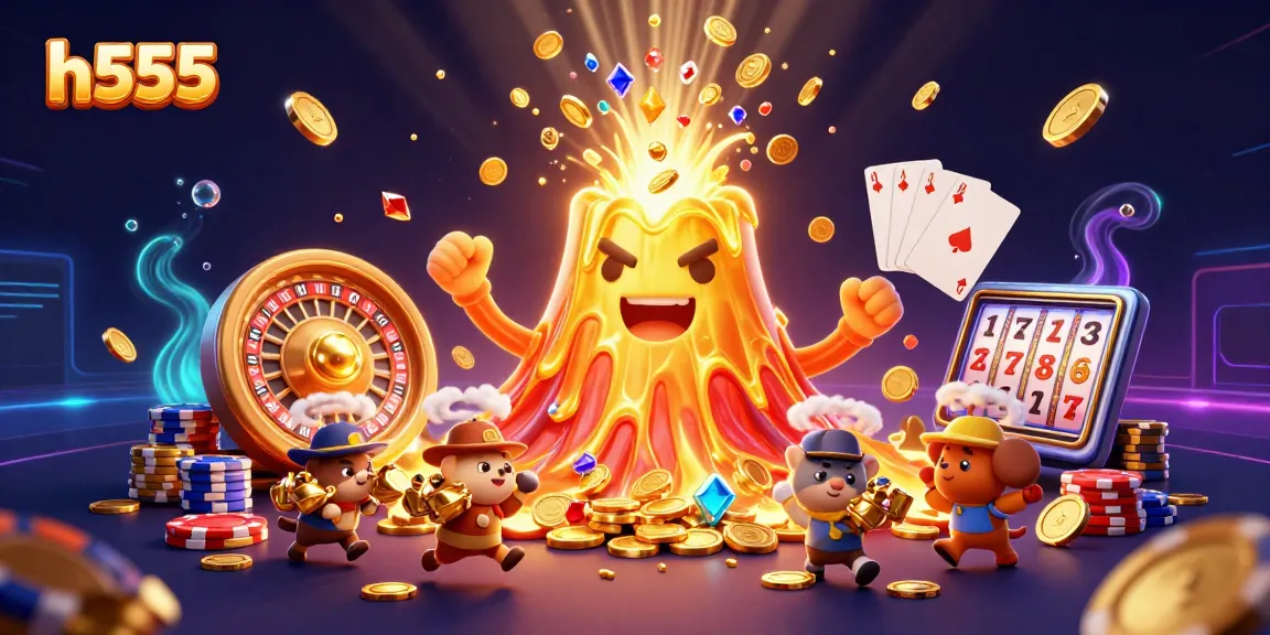 Experience big wins with h555 at this vibrant casino scene featuring a golden volcano erupting treasure.