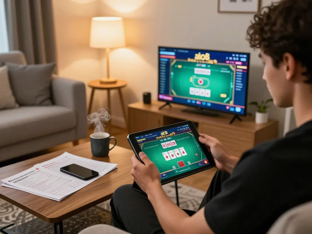 Gamer engaged with nhà cái alo8 on tablet, immersed in exciting poker gameplay.