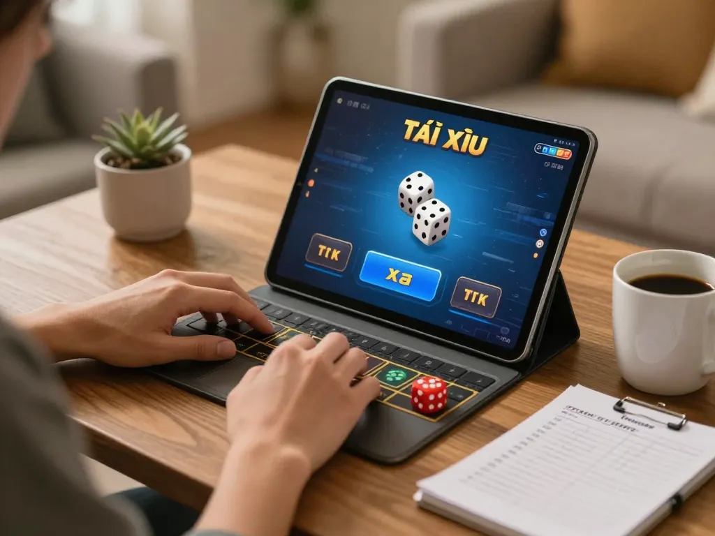 Tài xỉu Online gameplay on tablet with player placing bets, cozy home atmosphere.