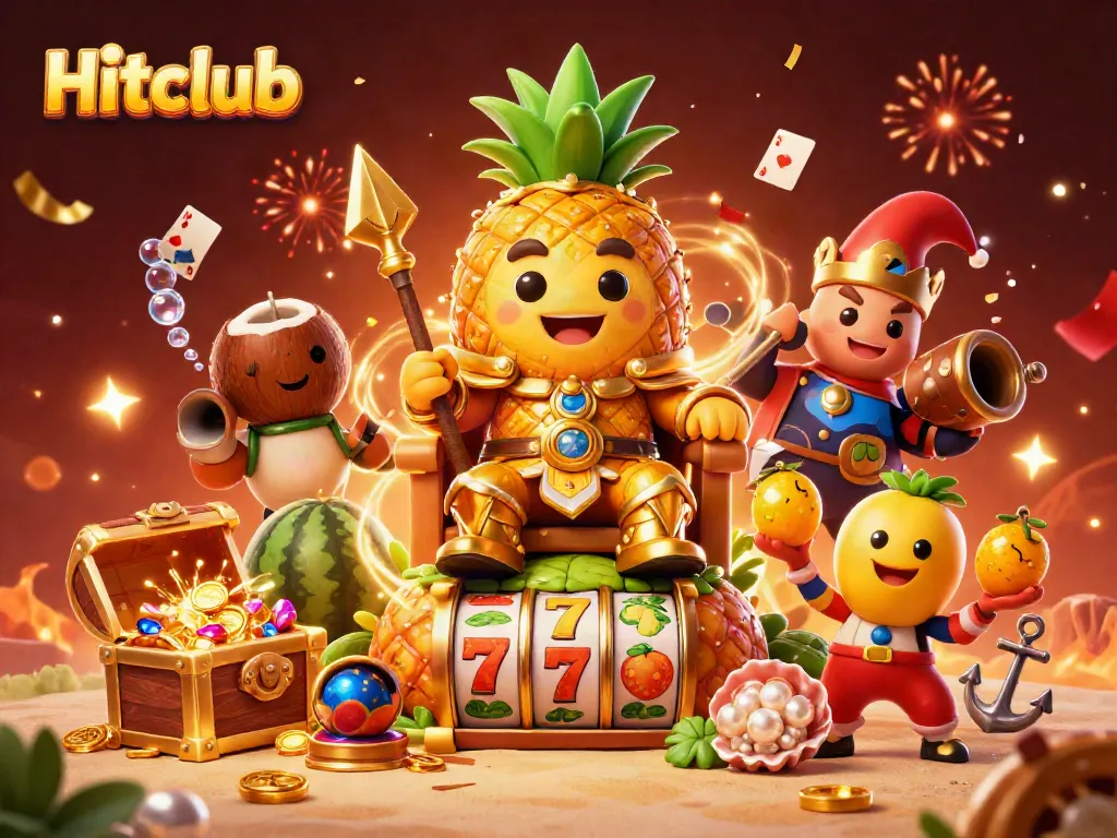 Hitclub's golden pineapple king presides over a vibrant casino scene filled with slot reels and festive elements.