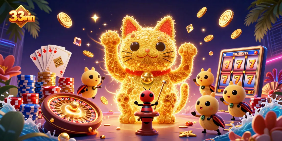Exciting 33win casino illustration showcasing vibrant fireflies as a lucky cat surrounded by casino elements.