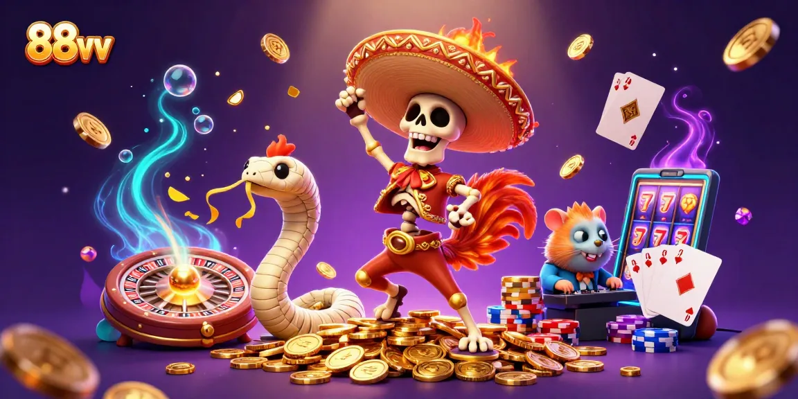 Experience the excitement of 88vv with vibrant characters celebrating amidst cascading coins and gems.
