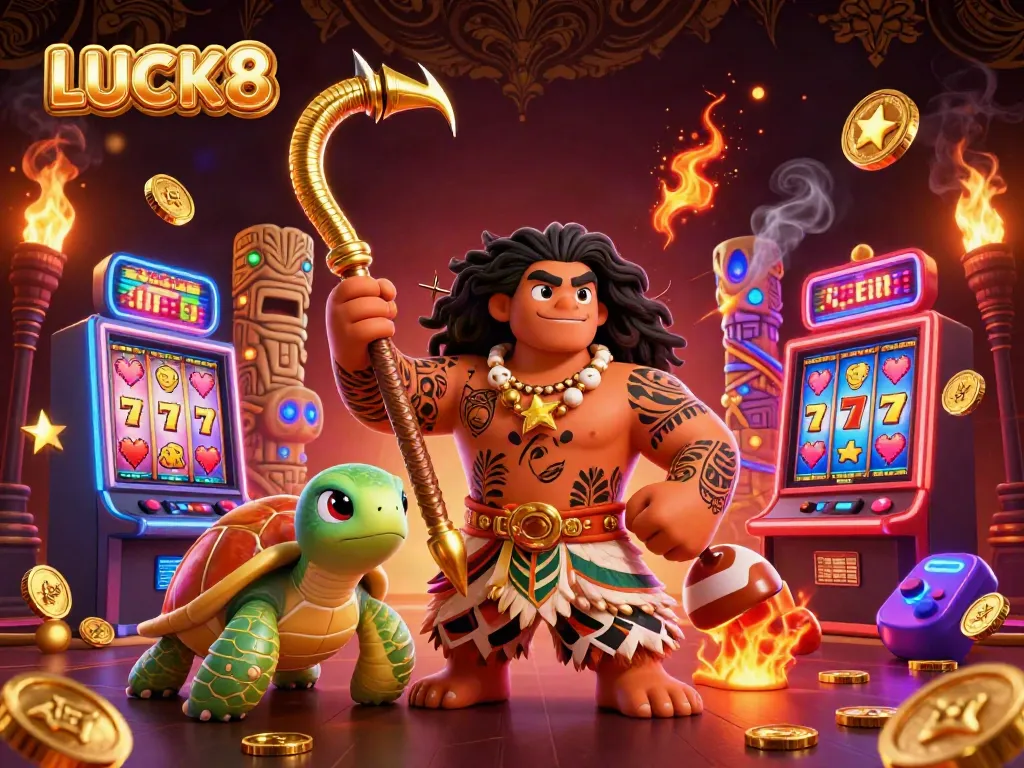 Experience the thrill of LUCK8 with vibrant casino elements and a dynamic cartoon scene.
