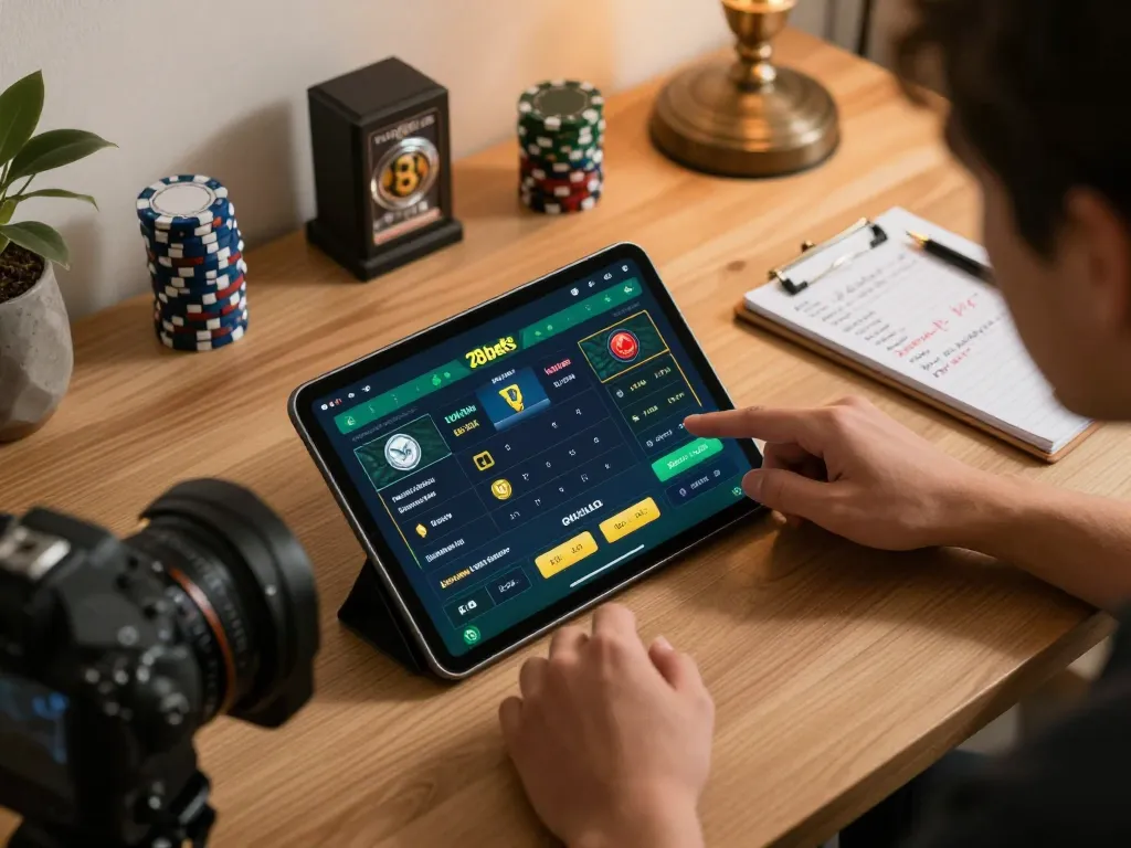 Active user placing bets on the 28bets app with tablet displaying live sports scores, creating an engaging gambling atmosphere.