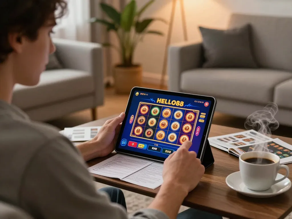 Player enjoying HELLO88 gaming experience on tablet in a cozy living room setting.