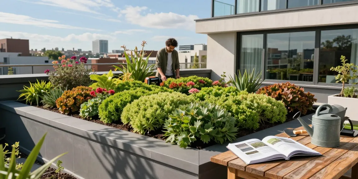 Aansprekend groendak detail met huiseigenaar die levendige sedumplanten inspecteert op een moderne daktuin.