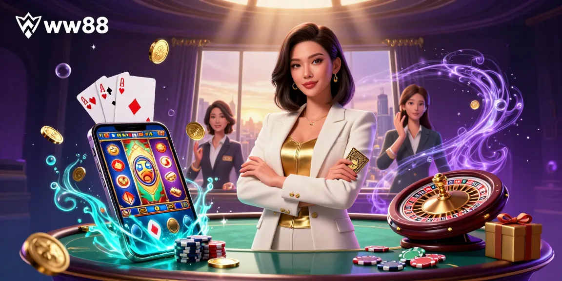 Engage with winning strategies at ww88 as an elegant Asian woman showcases her poker skills amidst vibrant gaming elements.