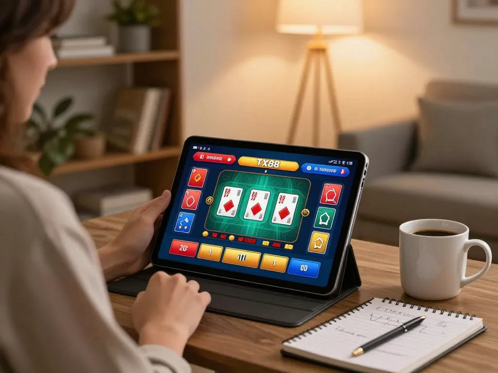 Player enjoying online gaming at TX88 platform in cozy living room, showcasing relaxing atmosphere.