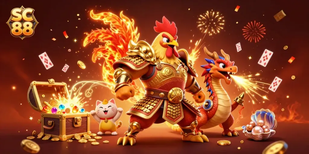 Engage in thrilling gaming action with SC 88, featuring a powerful rooster warrior and treasure-filled underwater scenes.