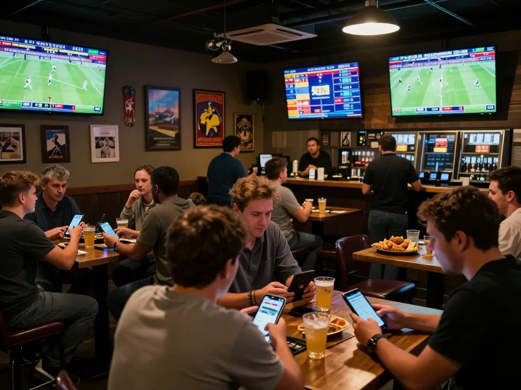 Engaging in strategic betting during a live event on ty le keo nha cai in an energetic sports bar.