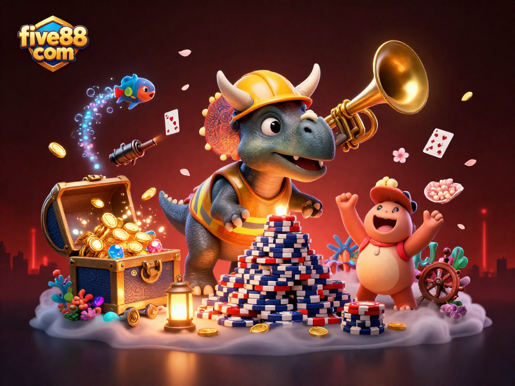 Cheer for big wins at five88 com with a vibrant 3D casino scene of fun characters and gaming elements!