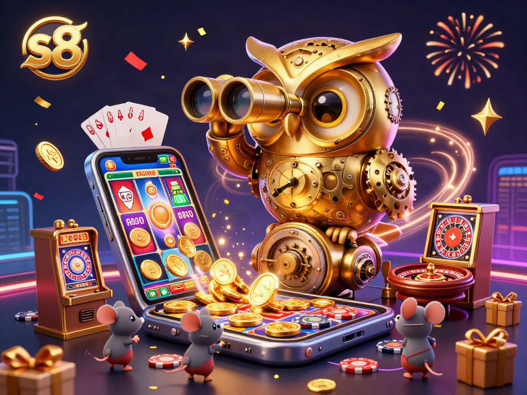 s8 players enjoying a vibrant casino scene with a cartoon owl amidst dynamic slots and confetti.